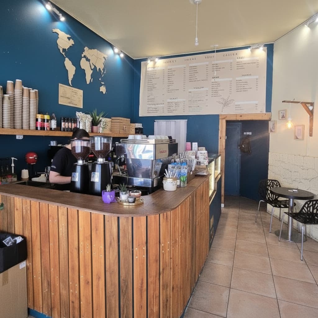 LaBarista interior, warm lighting and bakery display