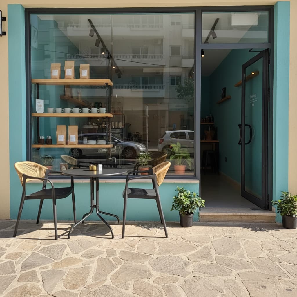 LaBarista shopfront with teal facade in Agios Ioannis