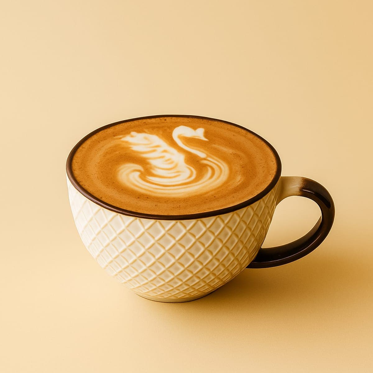 Latte with rosetta art in a textured cup