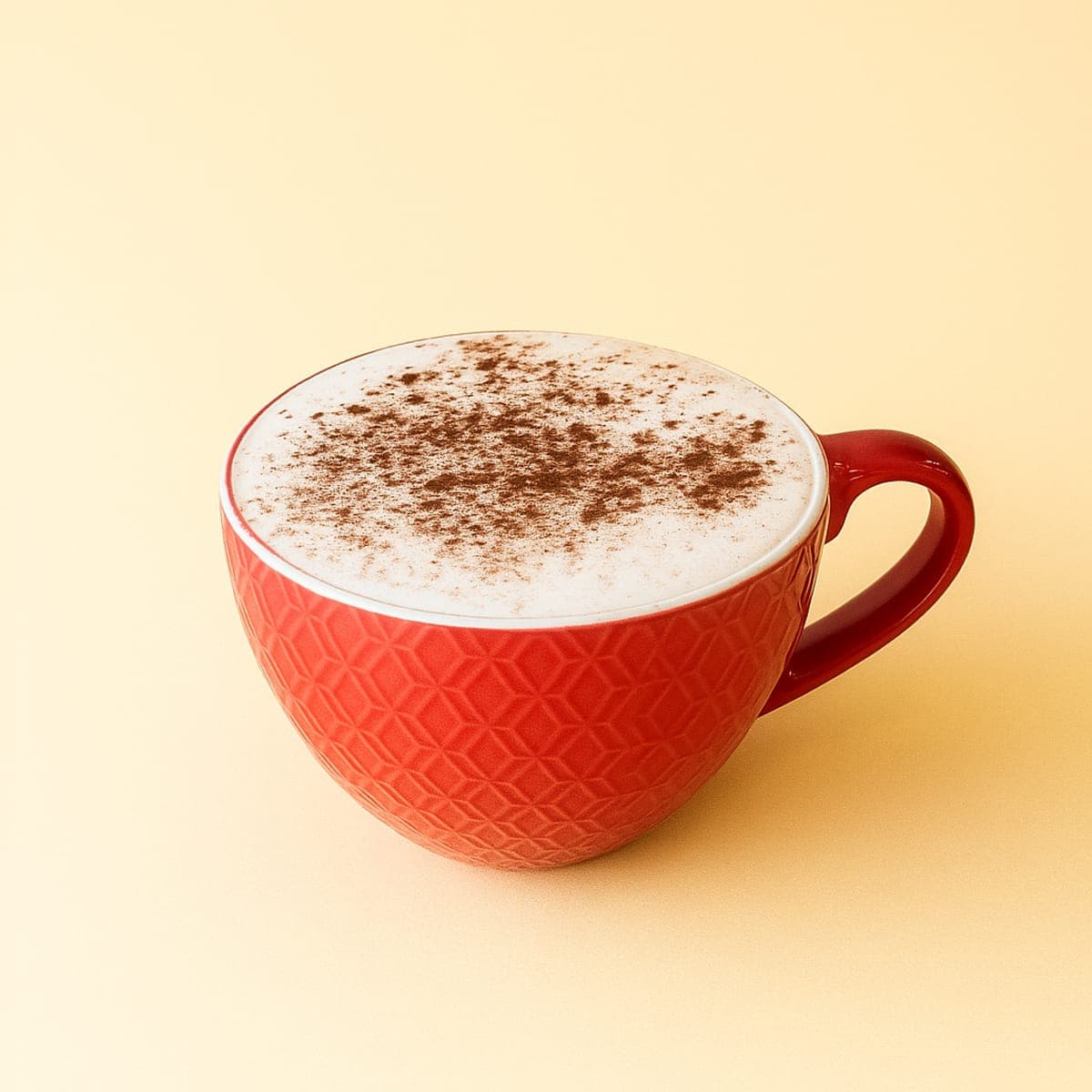 Hot chocolate dusted with cocoa in a red mug