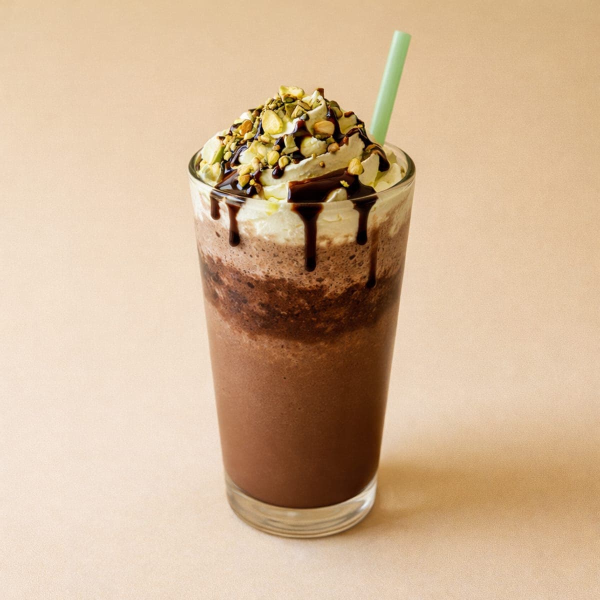 Pistachio mochachino layered with cream and chocolate