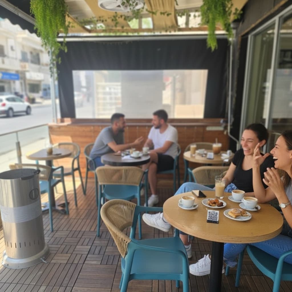 Mesa Geitonia outdoor seating in the morning sun
